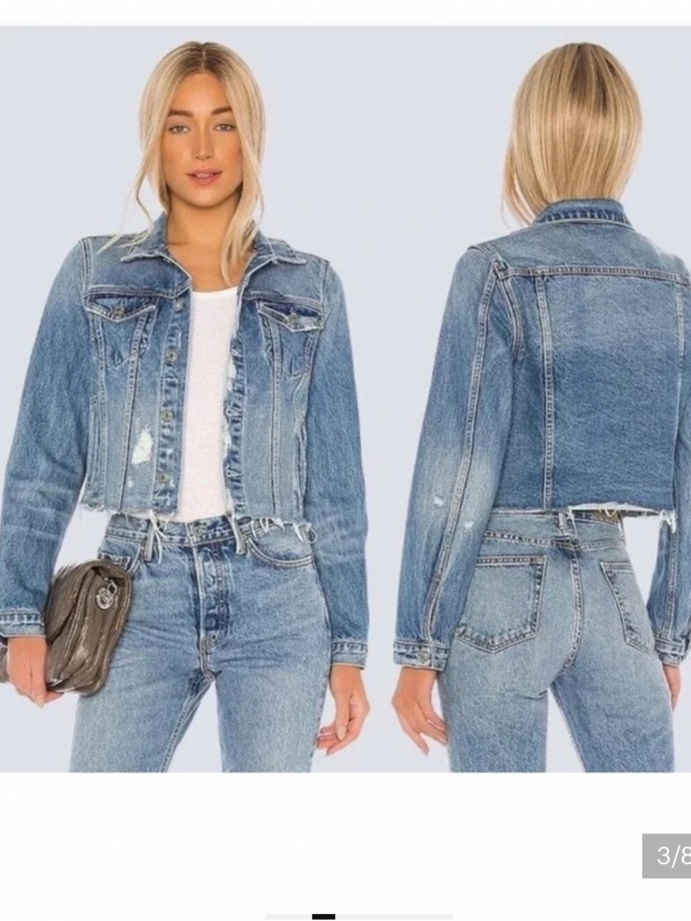 The GRLFRND Cara Denim Cropped Light Wash Distressed Jacket Size Medium